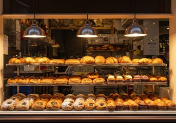A display of a wide variety of French pastries and baked goods on shelves in a bakery window showcasing the delicious selection available for customer purchase and enjoyment.