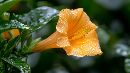 Orange Flower with Water Droplets on Green Leaves Closeup