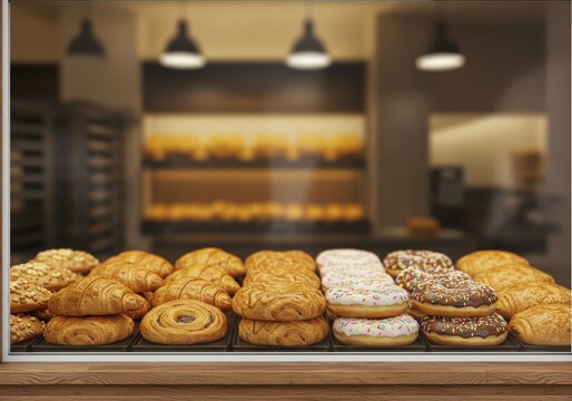Assortment of fresh pastries and donuts displayed in a bakery window, a showcase of delicious baked goods for a sweet treat or breakfast.