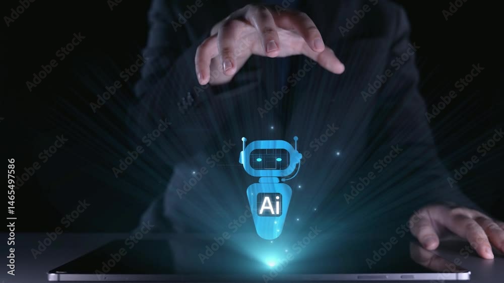 Poster human interact with ai artificial intelligence virtual assistant chatbot in concept of ai artificial