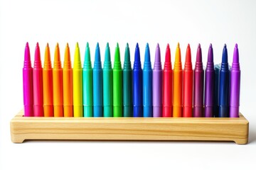 Colorful markers in wood holder on white background