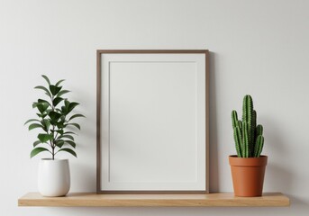 Fototapeta premium Picture frame mockup on shelf on light background, for art, photo, poster display