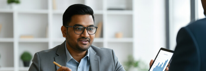 Young asian male business professional analyzing data on tablet in office meeting