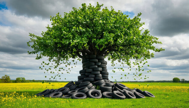 Tree Made of Tires in Lush Green Field &mdash; Surreal Eco Art