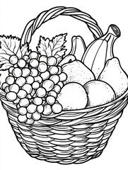 Illustrated fruit basket with grapes, pears, and bananas in line art.