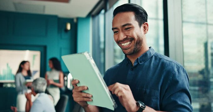 Happy, business and man with news, tablet or sales revenue for profit growth with finance charts. Smile, graphs and financial analyst with technological, statistics info and data analytics for review