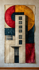 Architectural design study, layered with vibrant colors, evoking a modernist aesthetic