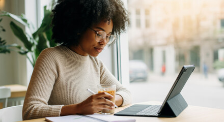 African female young adult working on tablet by window in cozy cafe