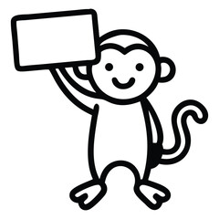 Smiling outline monkey holds rectangular blank banner overhead with its arm raised high above