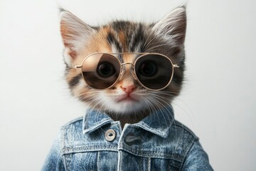 realistic kitten with sunglasses and a denim jacket, studio style, white background, cool fashion vibe