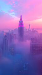 Fototapeta premium Misty city skyline at sunrise, painted in soft pink and purple hues
