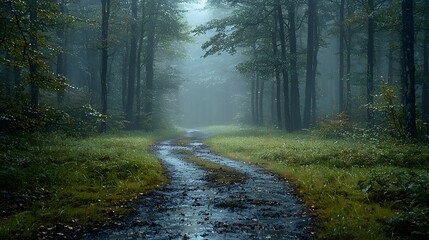 Obraz premium Misty forest path with muddy trail, tall trees, lush grass, and water puddles reflecting dim light