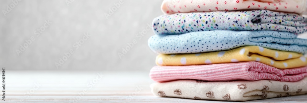 Aufkleber Neatly Folded Stack of Baby Clothes in Soft Pastel Colors Against a Light Background Generative AI