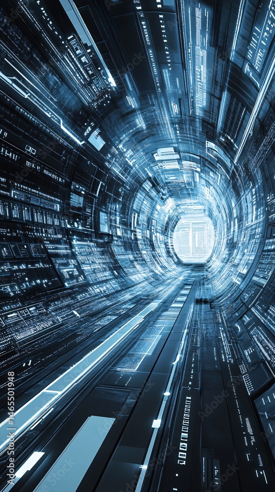 Poster Digital data flowing through futuristic cyberspace tunnel visualization
