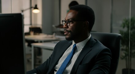 African american male adult in business attire working at office desk