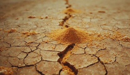 Fototapeta premium A small mound of corn rests in the deep fissure of cracked dry desert soil under warm light symbolizing agricultural or ritualistic significance