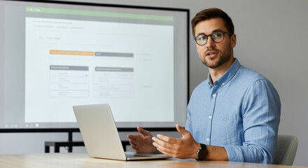 Young caucasian male professional presenting with laptop in office meeting