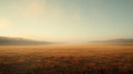 Obraz premium Misty golden expanse of a tranquil meadow at dawn.
