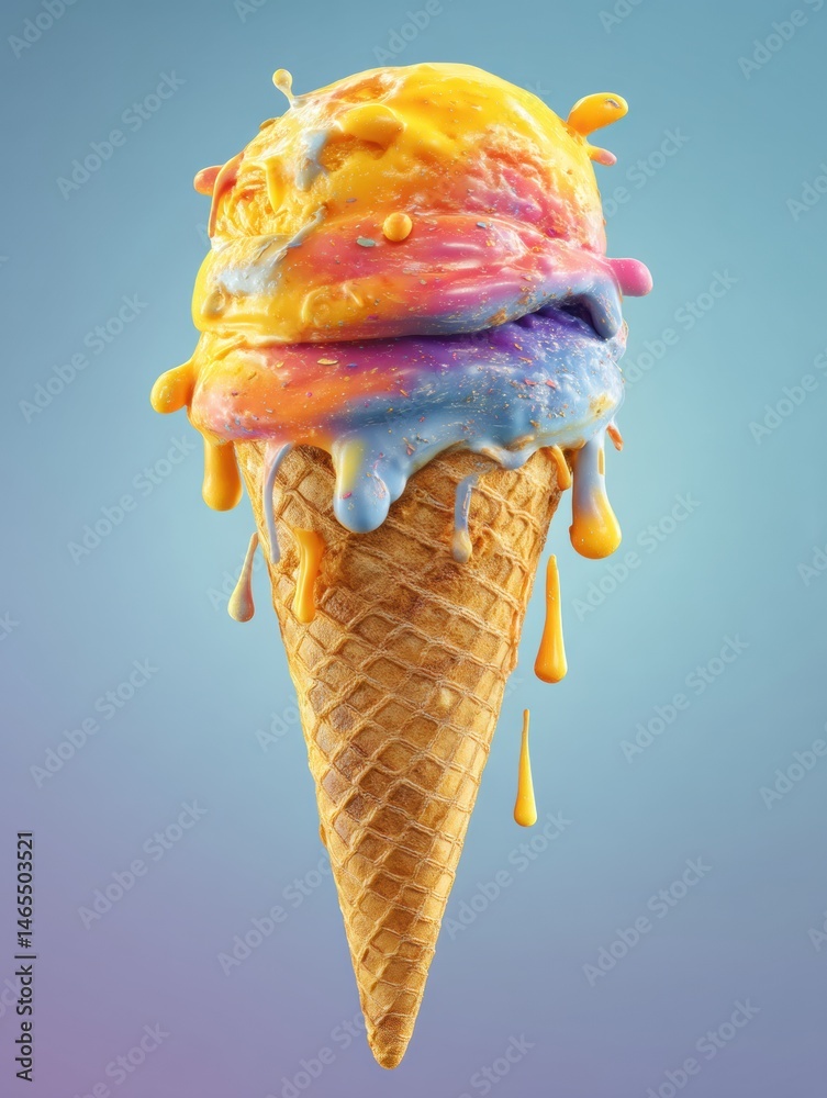 Poster colorful melting ice cream in a waffle cone on a vibrant background during summer heat generative ai