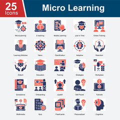 Micro Learning is a collection of icons representing various methods and tools in modern education, focusing on small, bite-sized learning modules, adaptive training, gamification, self-paced learning