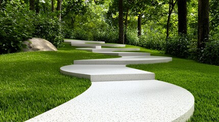Pathway Leading Through Lush Green Garden with Trees and Grass
