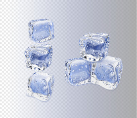 Obraz premium Set of four realistic translucent ice cubes with bubbles transparent background. Cocktail frosty frozen water cube shapes collection. Icy blocks for alcohol beverages