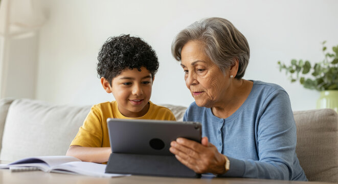 Elderly caucasian woman teaching young hispanic boy on tablet at home