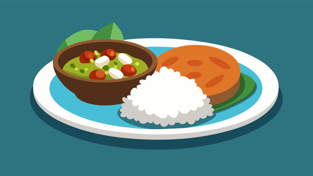 A local favorite casado dish highlighting tender slowcooked pork tangy white rice and a side of zesty homemade chimichurri sauce.. Vector illustration