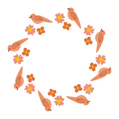 Romantic wreath with bird and simple small flowers. Rose wreath for invitation.