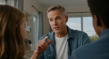 Obraz premium Caucasian male adult discussing with diverse young people indoors