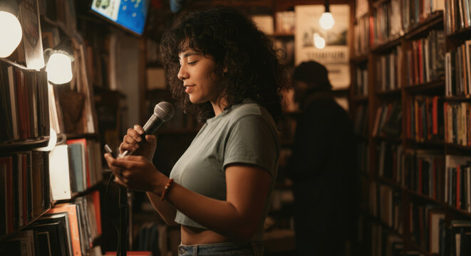 Young hispanic female reading poetry in cozy bookstore setting