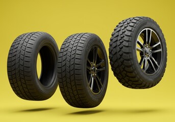 Three sleek tires and one rugged tire hover against a vibrant yellow backdrop. A captivating automotive image.
