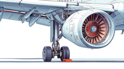 Detailed illustration of an aircraft landing gear and engine.
