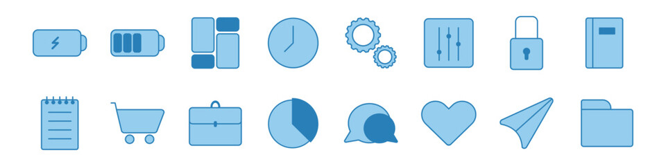 Flat blue icon collection featuring common user interface elements like battery, clock, settings, chat, shopping cart, folder, and more.
