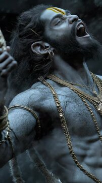 Hanuman divine strength: worshiped icon, symbol of loyalty, power figure, Ramabhakta devotion, valorous deeds, courage in battle, mythological hero, symbol of devotion, Ramayana epic.