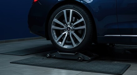 Luxury Sedan Wheel Raised Gently on Hydraulic Lift, Dark Garage Setting.Precise and Careful Maintenance.
