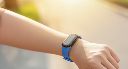 Close-up of fitness tracker on person's wrist in sunlight