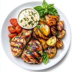 Grilled chicken with potatoes on white background