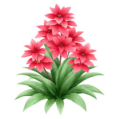 Obraz premium Vibrant Pink Flowers with Lush Green Leaves in a Digital Illustration, isolated on transparent background.