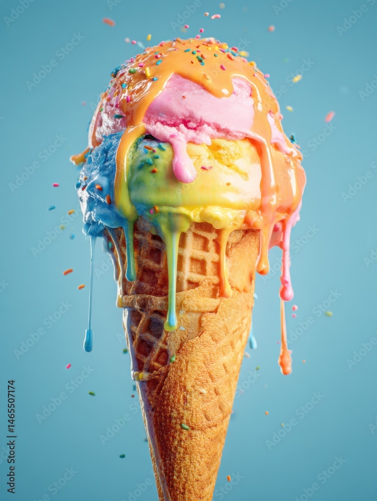 Poster colorful melted ice cream dripping from waffle cone on blue background during summer generative ai