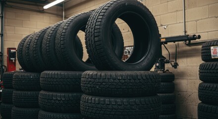 Obraz premium Neatly stacked vehicle tires await service or disposal in a garage setting. Awaiting their next journey.