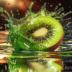 A fresh, green kiwi fruit slice creates a juicy splash in clear water, showcasing its healthy and tropical nature