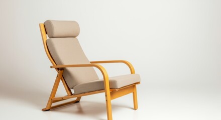 Modern wooden armchair with beige cushion on white background