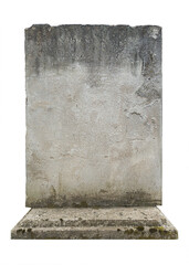 Empty gravestone - gray stone wall displays a surface with wear, including stains and unevenness. Natural weathering gives it a aged appearance, for various contexts. Isolated tombstone, copy space