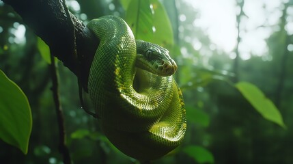 Fototapeta premium Lush jungle scene showcasing a coiled, vibrant snake.