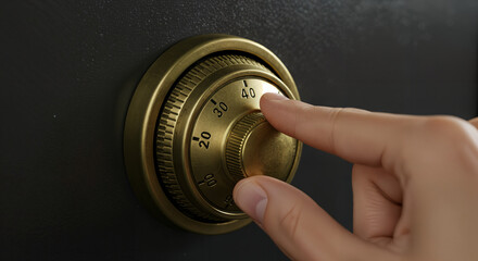 Close-up of a hand turning the dial of a combination safe lock, emphasizing security and precision