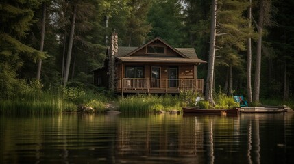 Rustic cabin on a serene lake