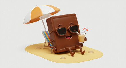 Fototapeta premium Chocolate Bar Character Beach Chair Umbrella Drink 3D Render Illustration Summer Vacation