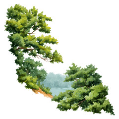 Lush Green Trees Framing Calm Blue Water in Nature Scene, isolated on transparent background.