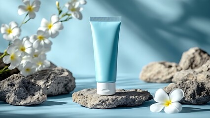 Blue cosmetic tube on a rock with white flowers. Product mockup for beauty brand. Gentle skincare, natural concept for advertisement.